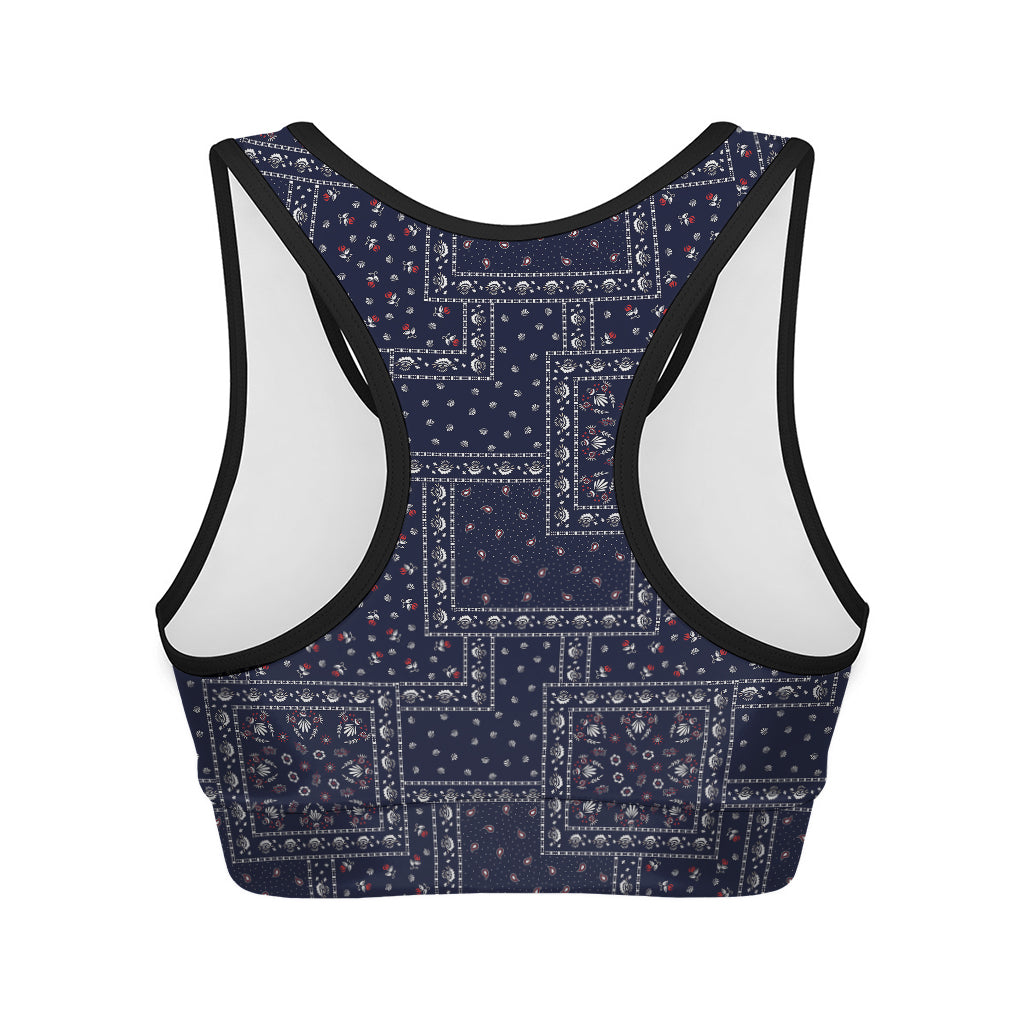 Blue Floral Patchwork Pattern Print Women's Sports Bra
