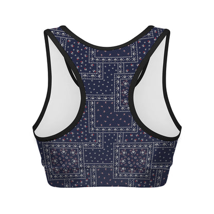 Blue Floral Patchwork Pattern Print Women's Sports Bra