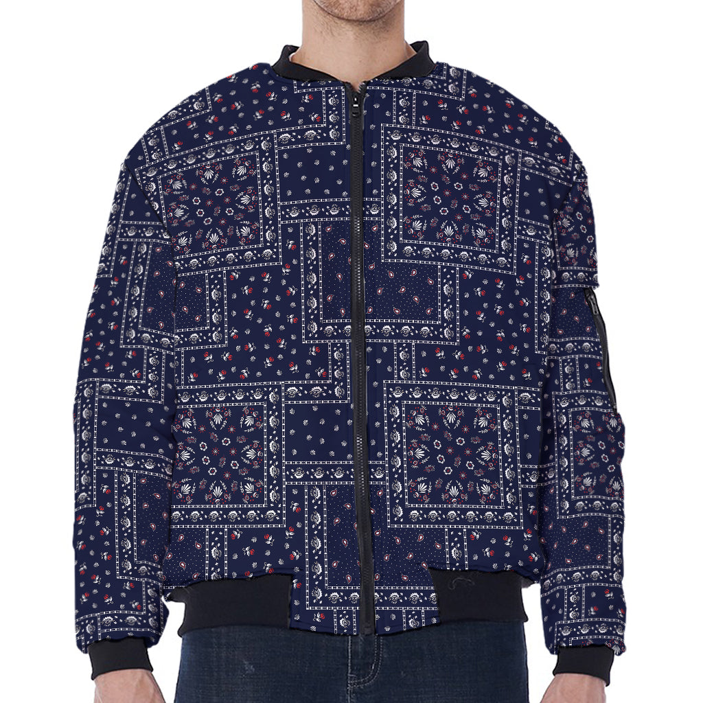 Blue Floral Patchwork Pattern Print Zip Sleeve Bomber Jacket