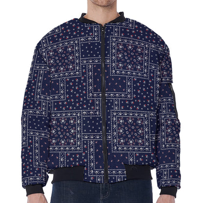 Blue Floral Patchwork Pattern Print Zip Sleeve Bomber Jacket