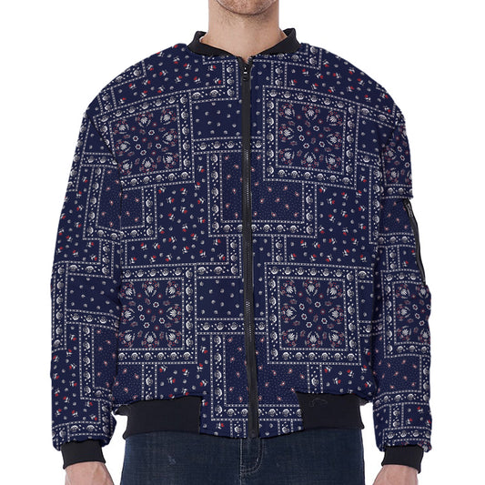 Blue Floral Patchwork Pattern Print Zip Sleeve Bomber Jacket