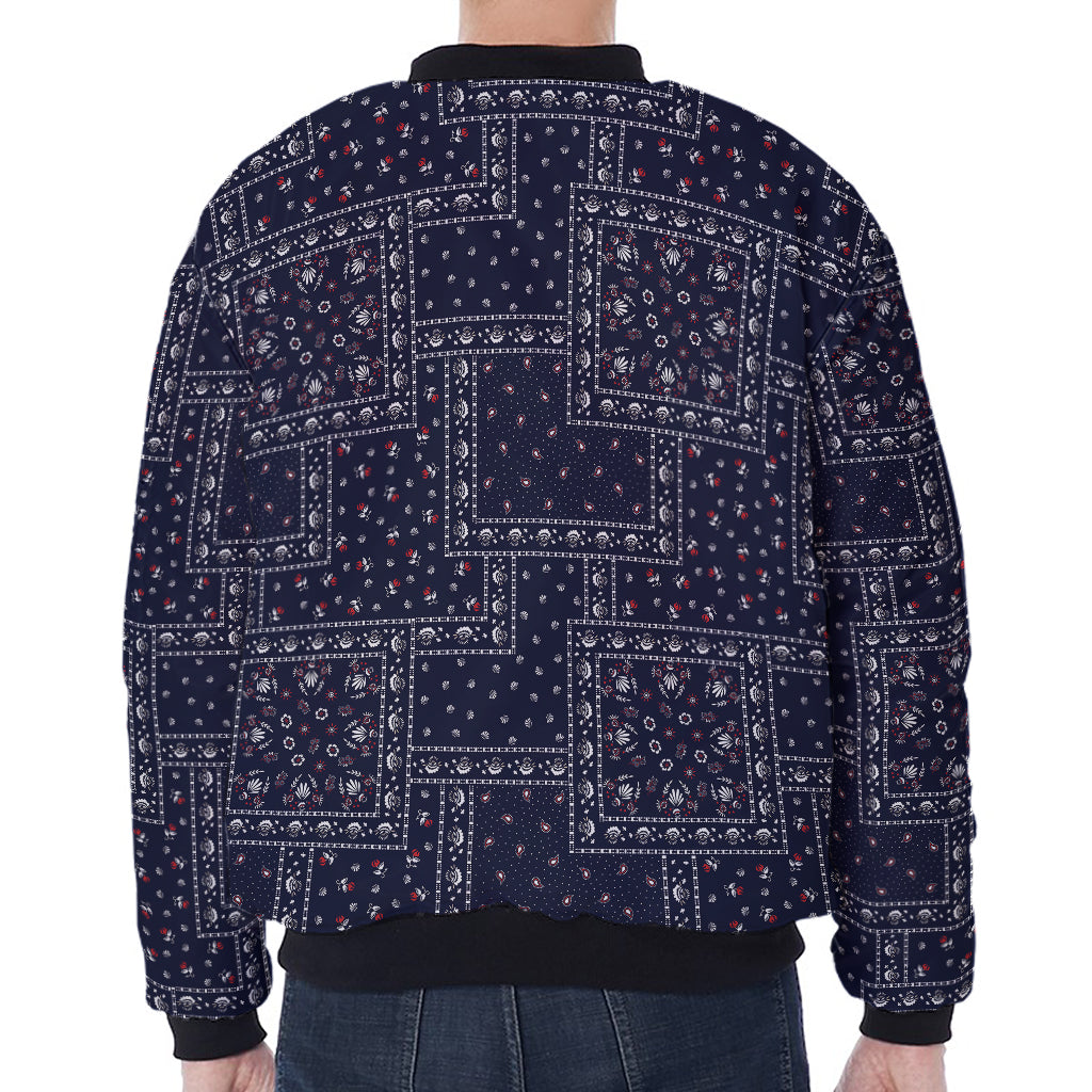 Blue Floral Patchwork Pattern Print Zip Sleeve Bomber Jacket