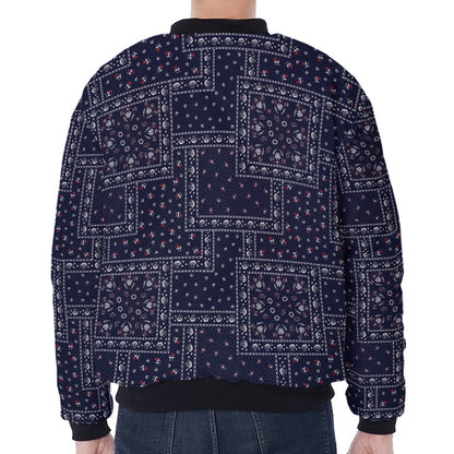 Blue Floral Patchwork Pattern Print Zip Sleeve Bomber Jacket