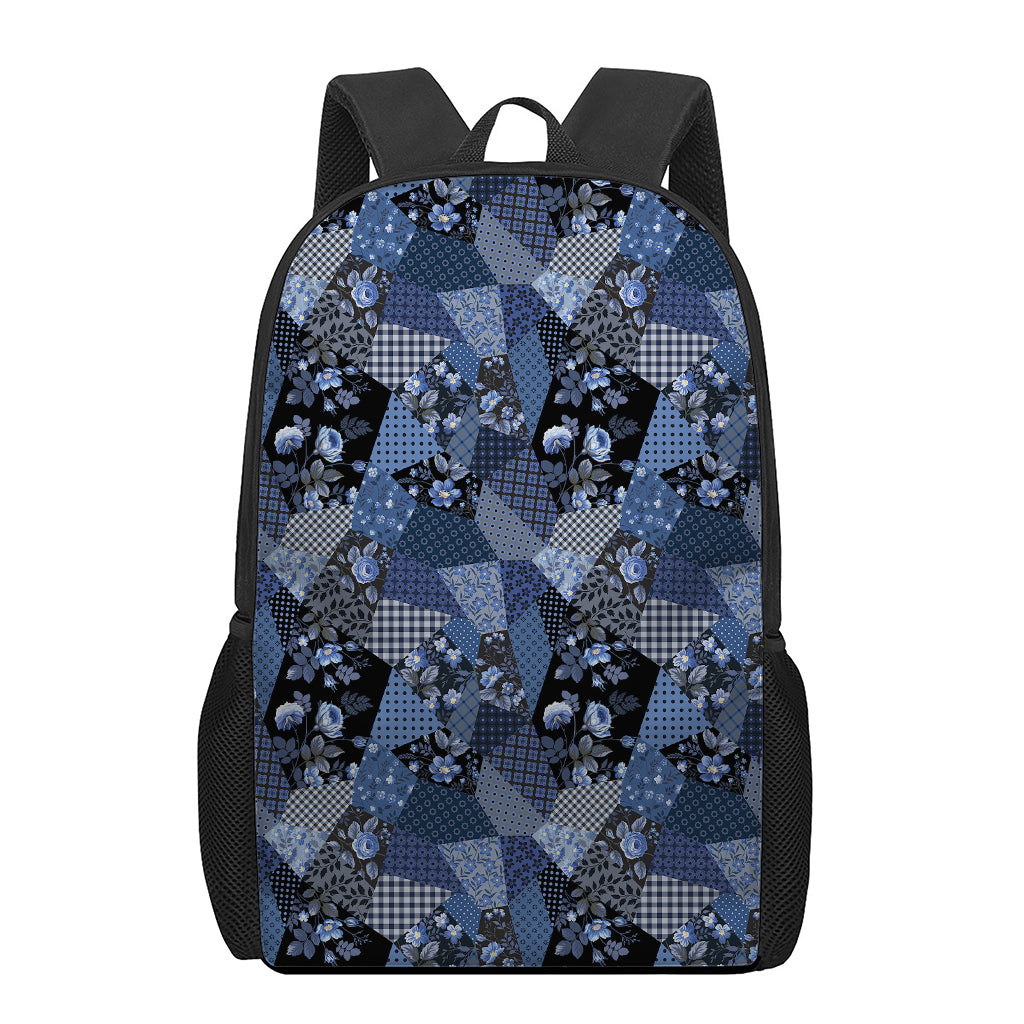 Blue Flower Patchwork Pattern Print 17 Inch Backpack