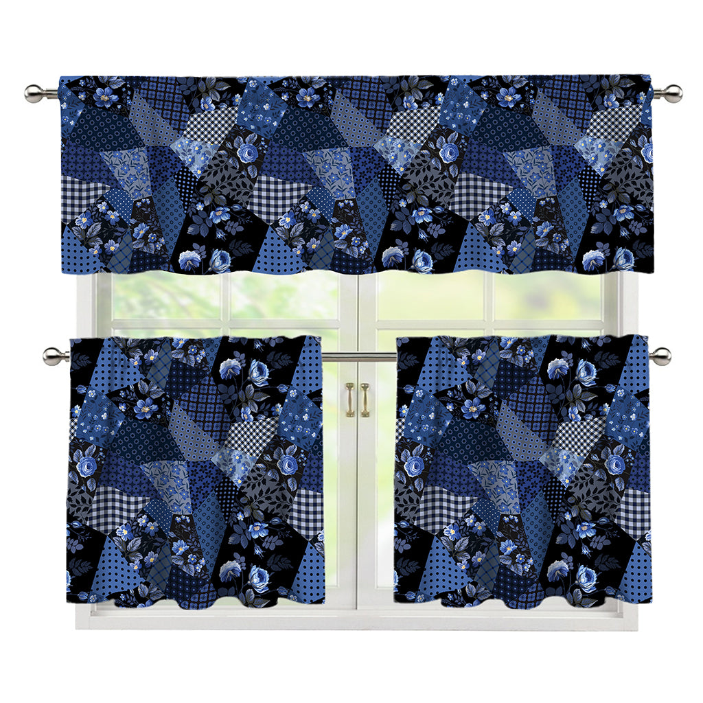 Blue Flower Patchwork Pattern Print 3 Piece Kitchen Curtains