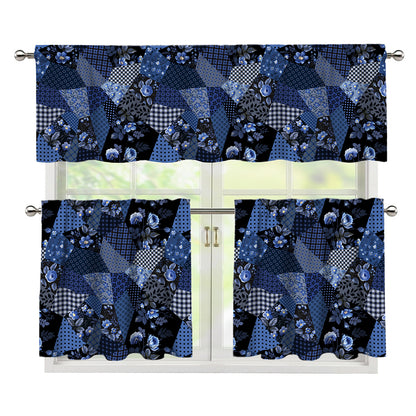 Blue Flower Patchwork Pattern Print 3 Piece Kitchen Curtains