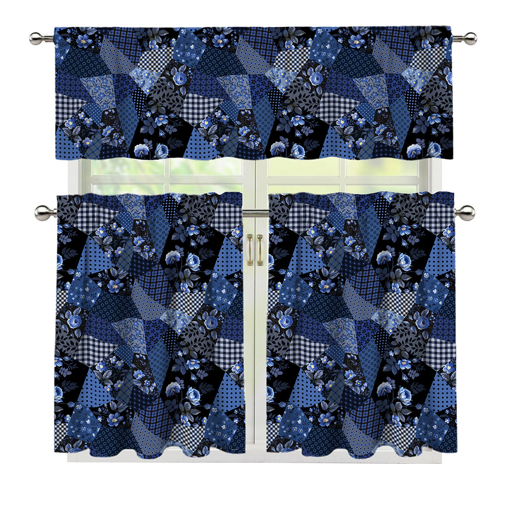 Blue Flower Patchwork Pattern Print 3 Piece Kitchen Curtains