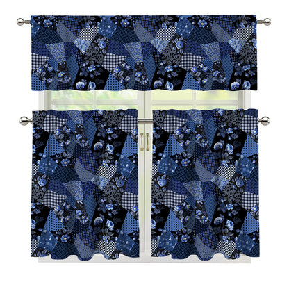 Blue Flower Patchwork Pattern Print 3 Piece Kitchen Curtains