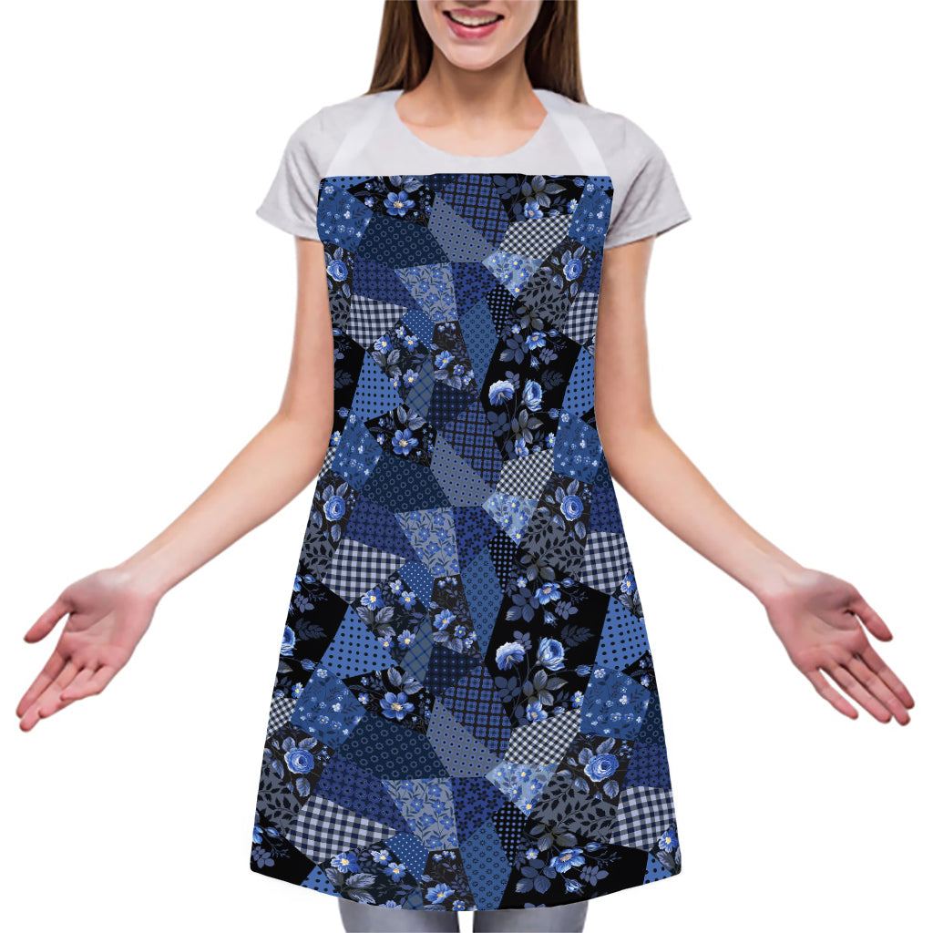 Blue Flower Patchwork Pattern Print Adjustable Apron