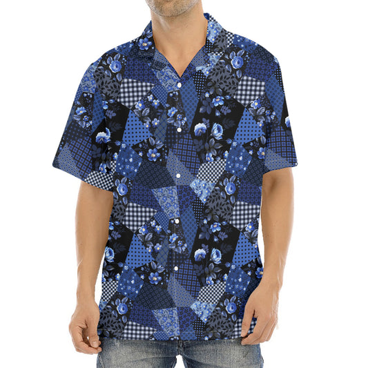 Blue Flower Patchwork Pattern Print Aloha Shirt