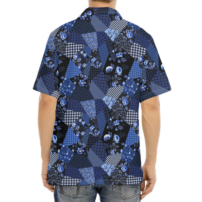 Blue Flower Patchwork Pattern Print Aloha Shirt
