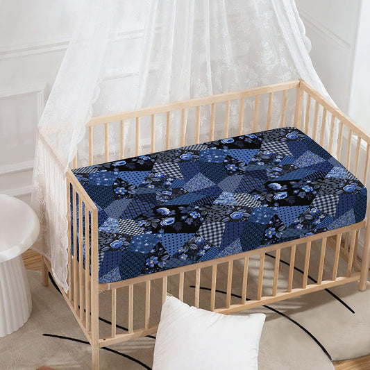 Blue Flower Patchwork Pattern Print Baby Crib Sheet