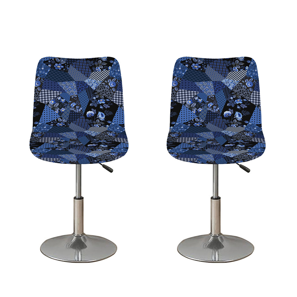 Blue Flower Patchwork Pattern Print Bar Stool Covers