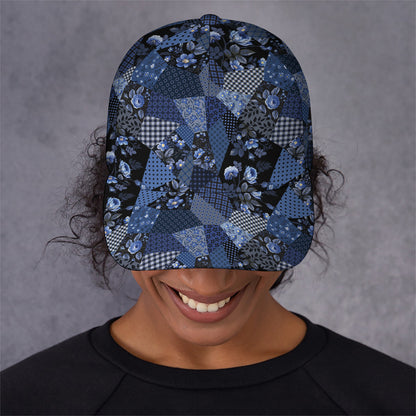 Blue Flower Patchwork Pattern Print Baseball Cap