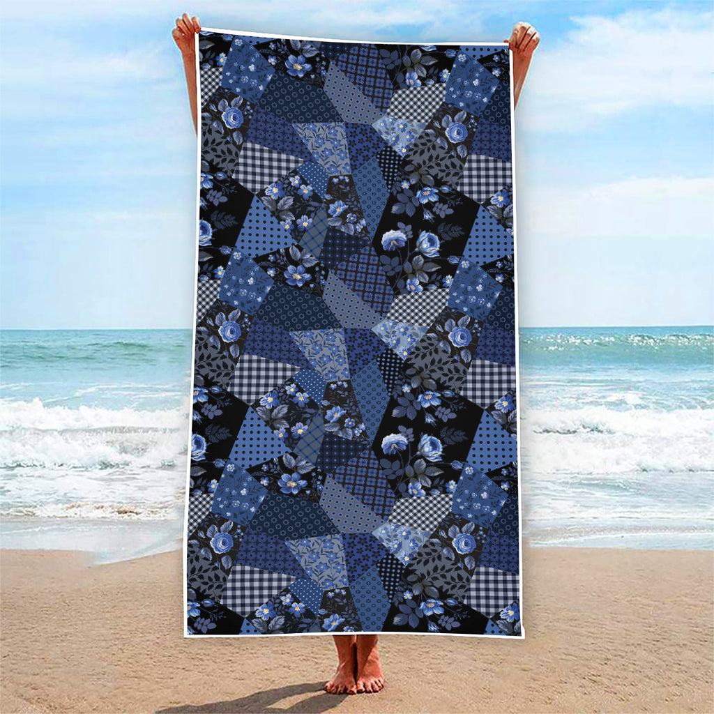 Blue Flower Patchwork Pattern Print Beach Towel