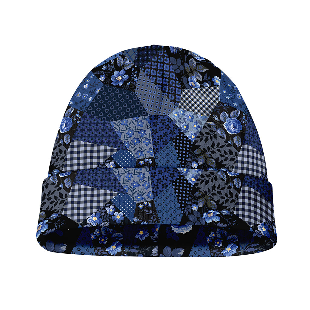 Blue Flower Patchwork Pattern Print Beanie