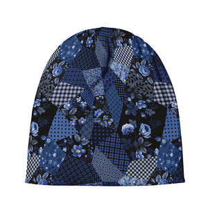 Blue Flower Patchwork Pattern Print Beanie