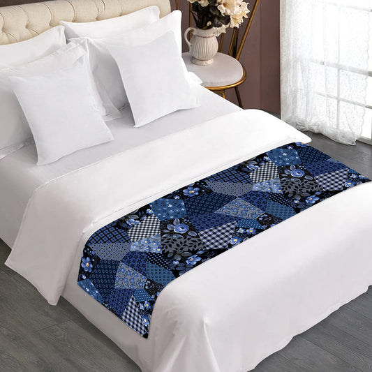 Blue Flower Patchwork Pattern Print Bed Runner