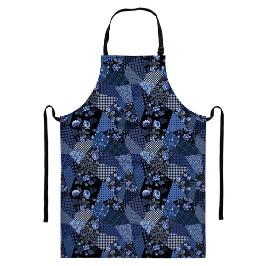 Blue Flower Patchwork Pattern Print Bib Apron With Pocket
