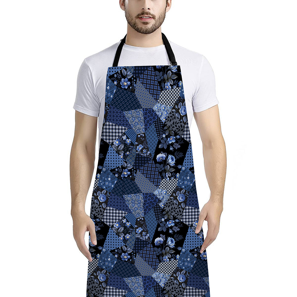 Blue Flower Patchwork Pattern Print Bib Apron With Pocket