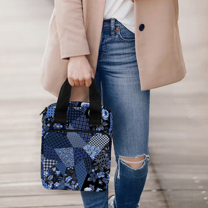 Blue Flower Patchwork Pattern Print Bible Tote Bag