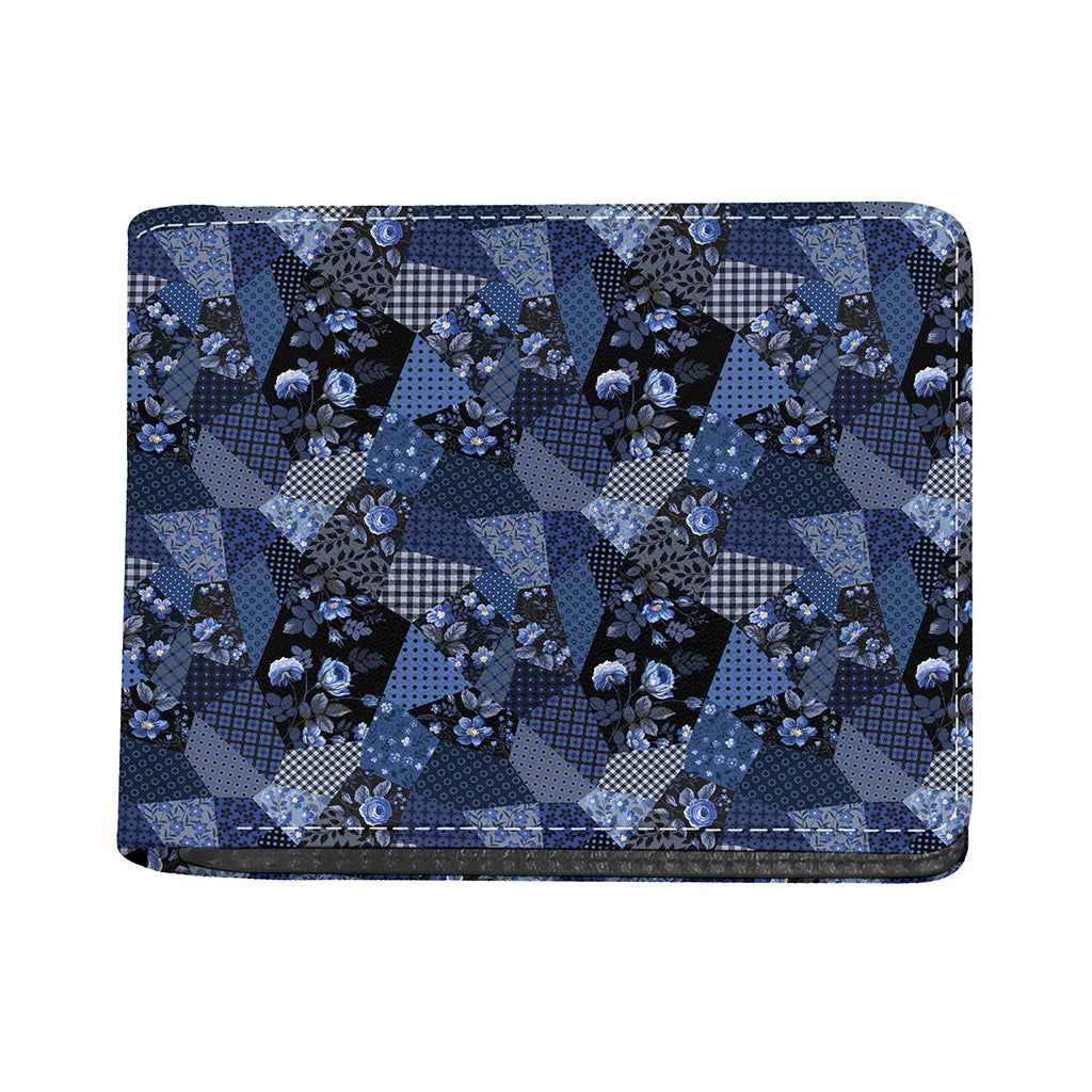 Blue Flower Patchwork Pattern Print Bifold Wallet