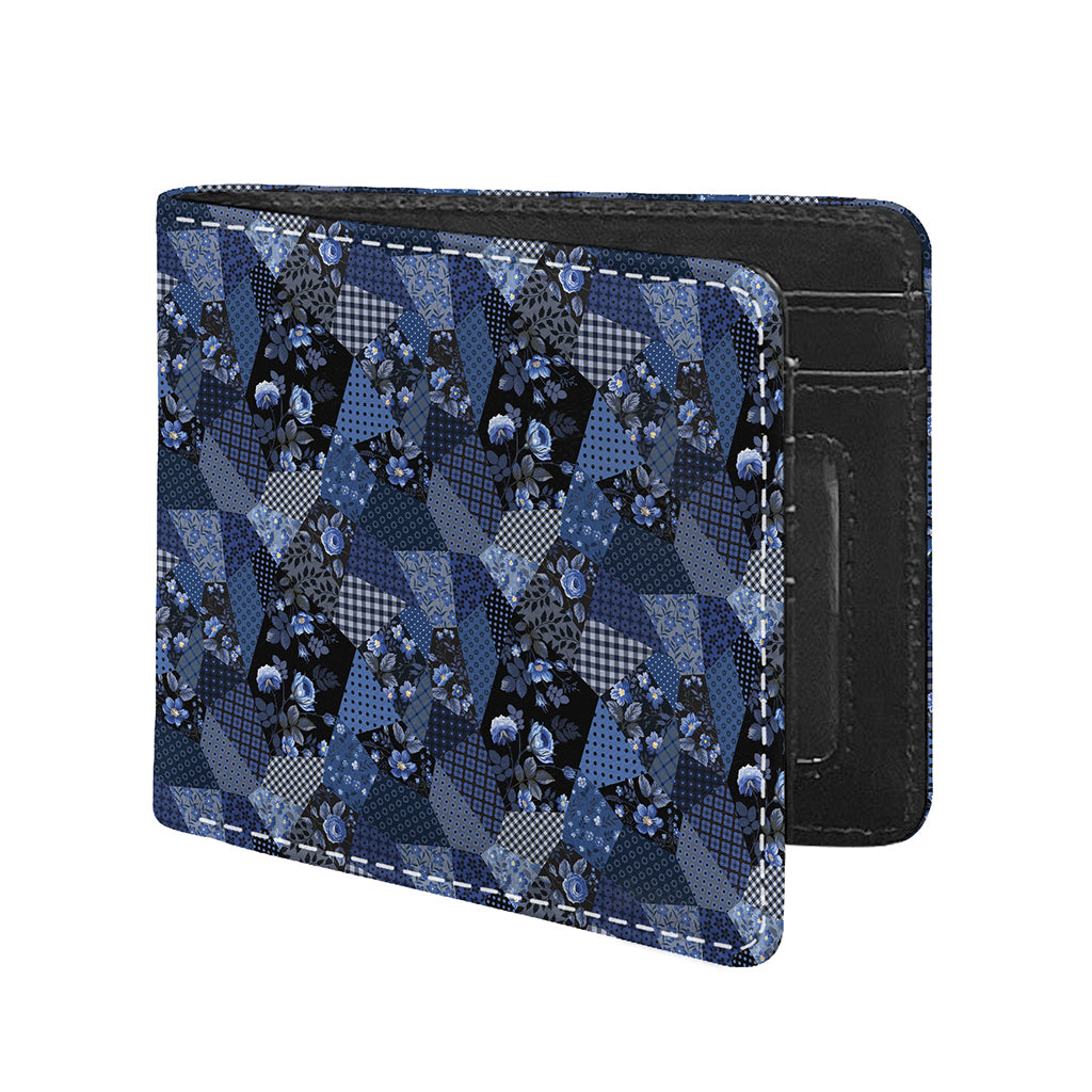 Blue Flower Patchwork Pattern Print Bifold Wallet