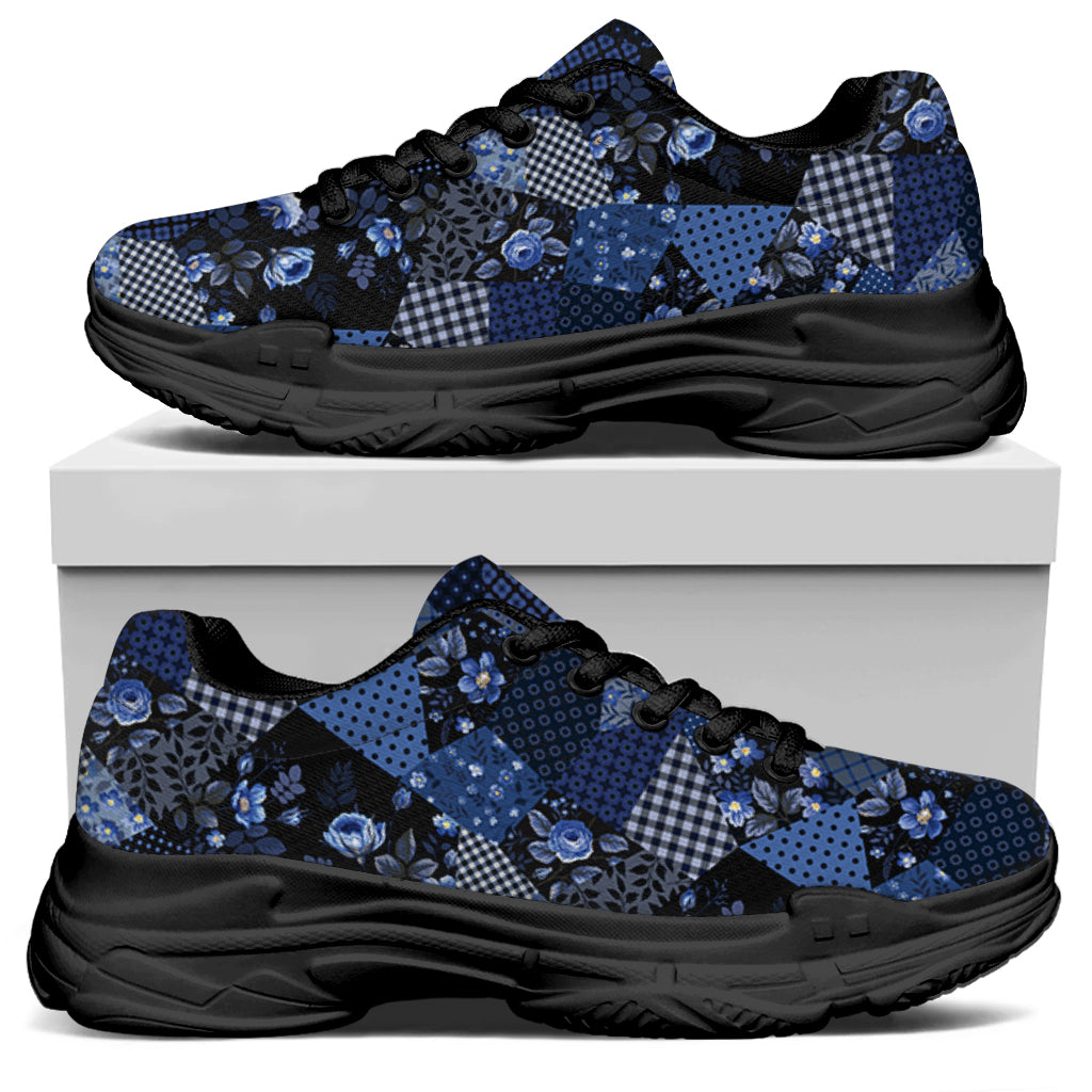 Blue Flower Patchwork Pattern Print Black Chunky Shoes