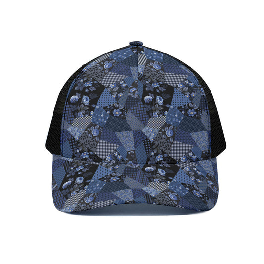 Blue Flower Patchwork Pattern Print Black Mesh Trucker Cap