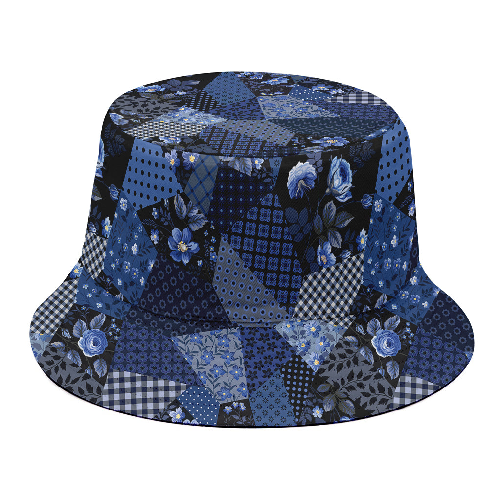 Blue Flower Patchwork Pattern Print Bucket Hat