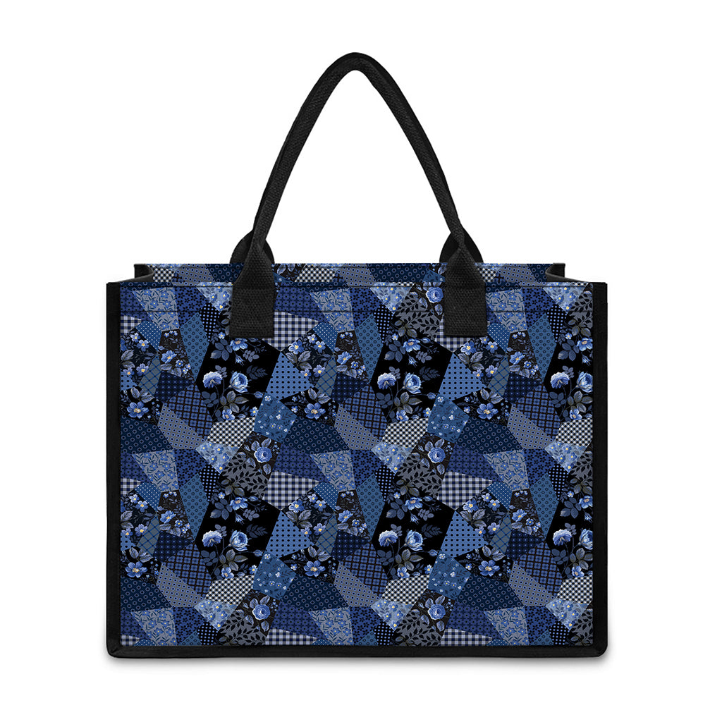 Blue Flower Patchwork Pattern Print Canvas Tote Bag