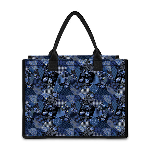 Blue Flower Patchwork Pattern Print Canvas Tote Bag
