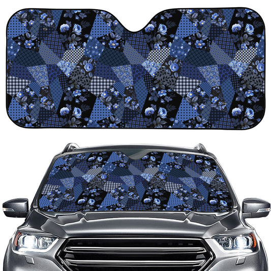 Blue Flower Patchwork Pattern Print Car Windshield Sun Shade