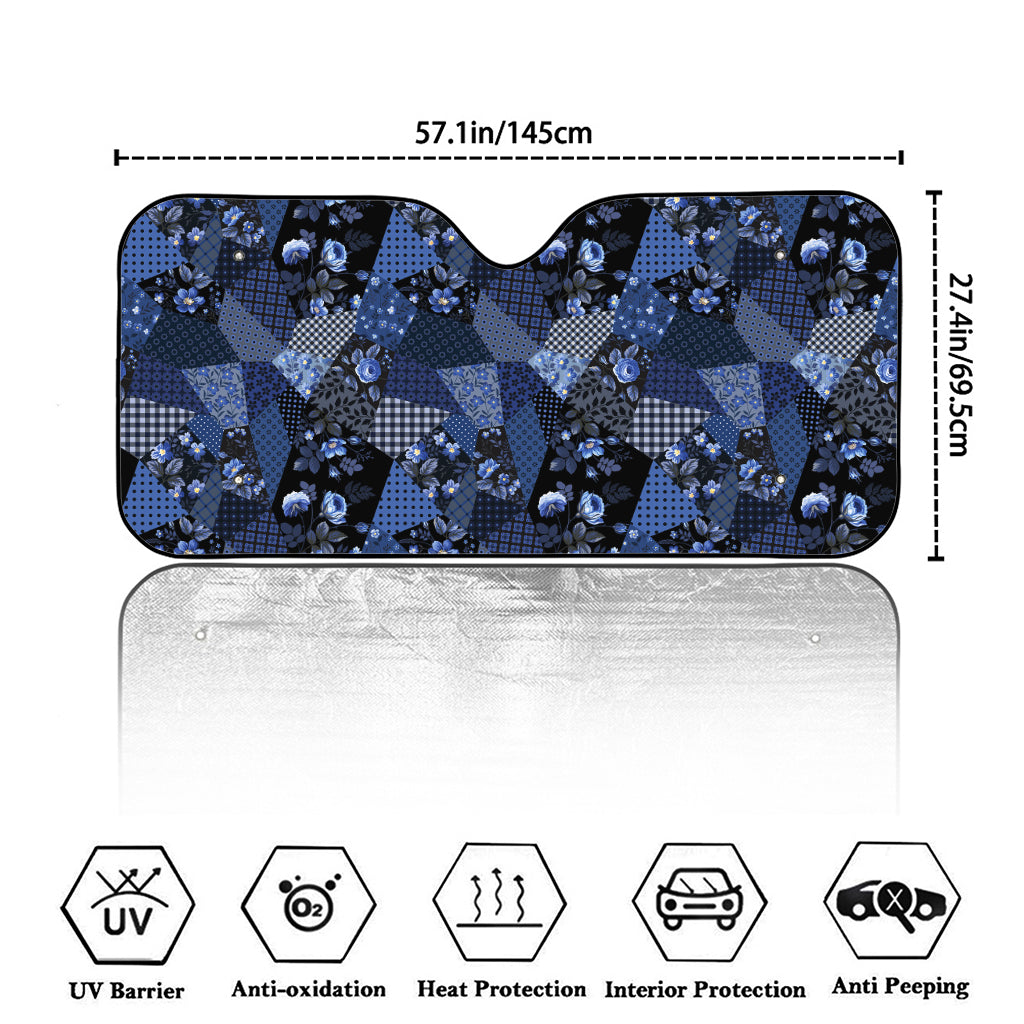 Blue Flower Patchwork Pattern Print Car Windshield Sun Shade