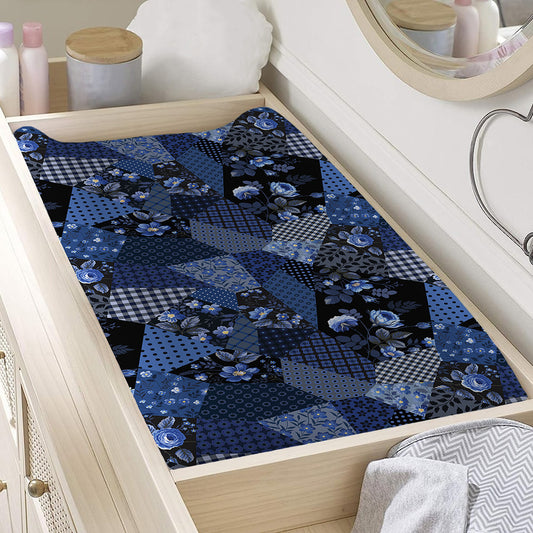 Blue Flower Patchwork Pattern Print Changing Pad Cover