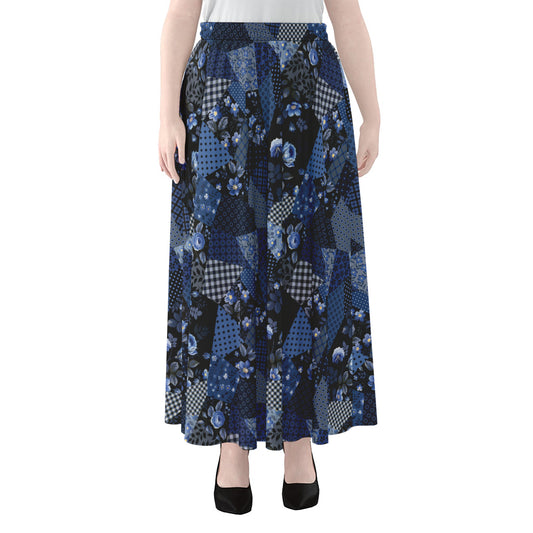 Blue Flower Patchwork Pattern Print Chiffon Maxi Skirt
