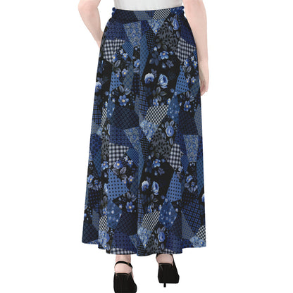 Blue Flower Patchwork Pattern Print Chiffon Maxi Skirt
