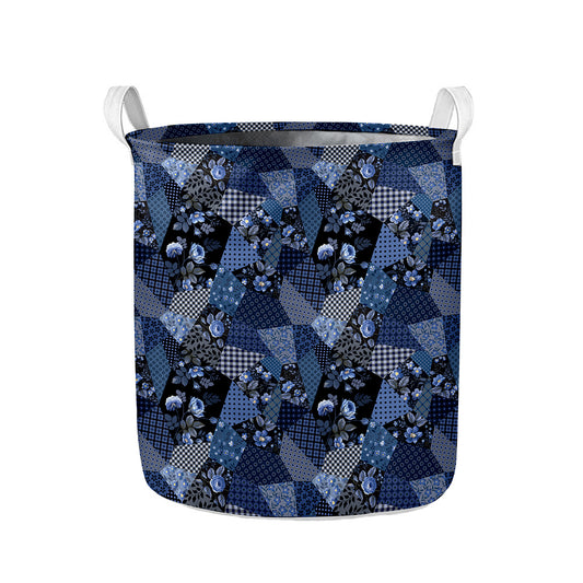 Blue Flower Patchwork Pattern Print Collapsible Laundry Basket