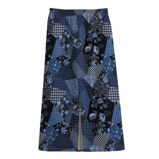 Blue Flower Patchwork Pattern Print Cotton Front Slit Maxi Skirt