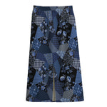 Blue Flower Patchwork Pattern Print Cotton Front Slit Maxi Skirt