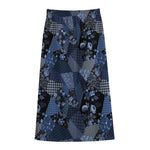 Blue Flower Patchwork Pattern Print Cotton Front Slit Maxi Skirt