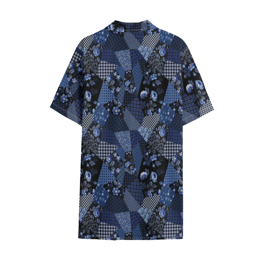 Blue Flower Patchwork Pattern Print Cotton Hawaiian Shirt