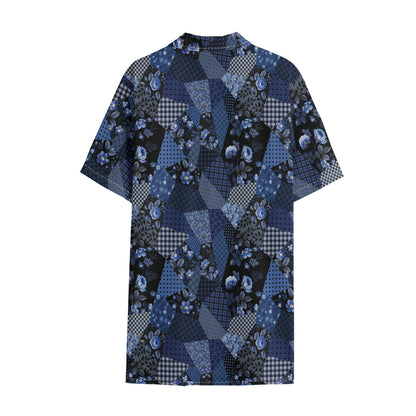 Blue Flower Patchwork Pattern Print Cotton Hawaiian Shirt