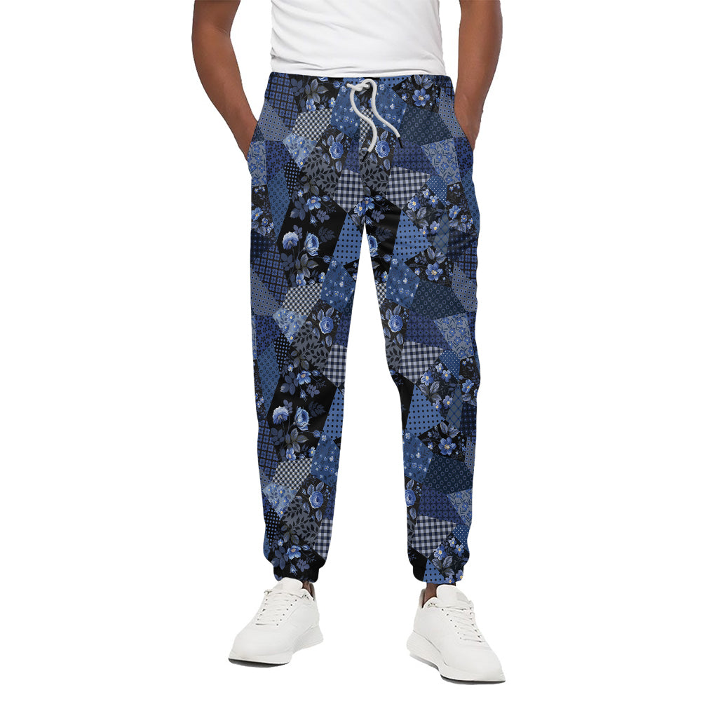 Blue Flower Patchwork Pattern Print Cotton Pants