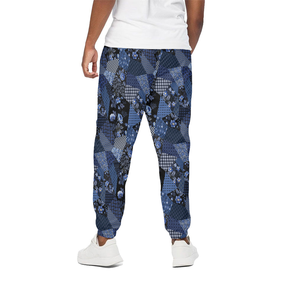 Blue Flower Patchwork Pattern Print Cotton Pants