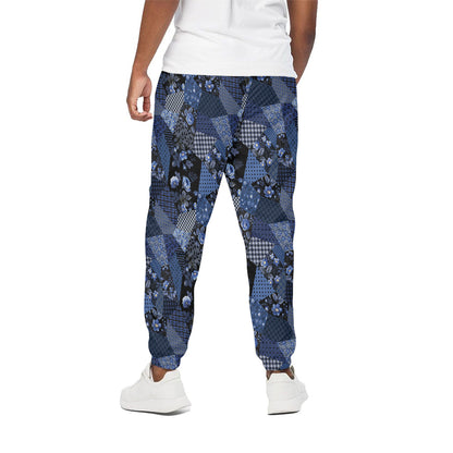 Blue Flower Patchwork Pattern Print Cotton Pants