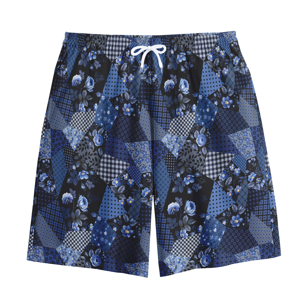 Blue Flower Patchwork Pattern Print Cotton Shorts