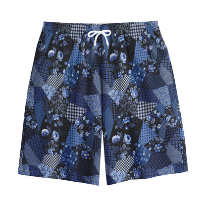 Blue Flower Patchwork Pattern Print Cotton Shorts