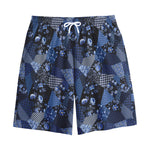 Blue Flower Patchwork Pattern Print Cotton Shorts