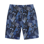 Blue Flower Patchwork Pattern Print Cotton Shorts
